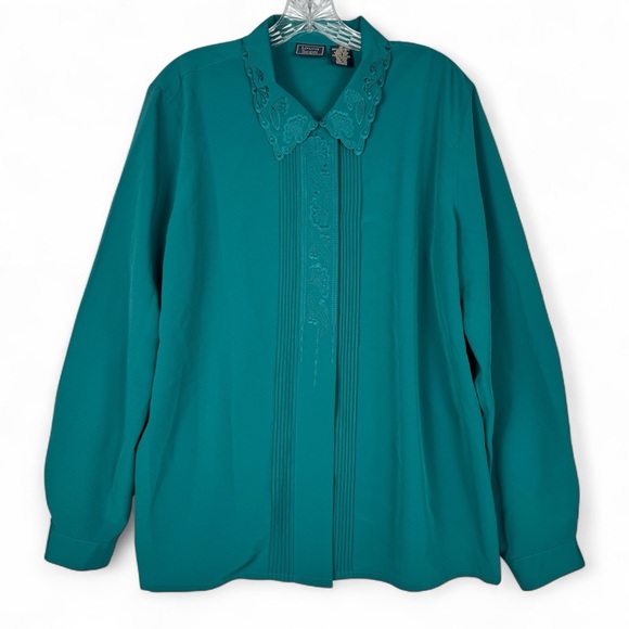 Laura Scott Tops - Laura Scott Size 16 Teal‎ Blouse Embroidered Hidden Buttons Pleated Long Sleeves